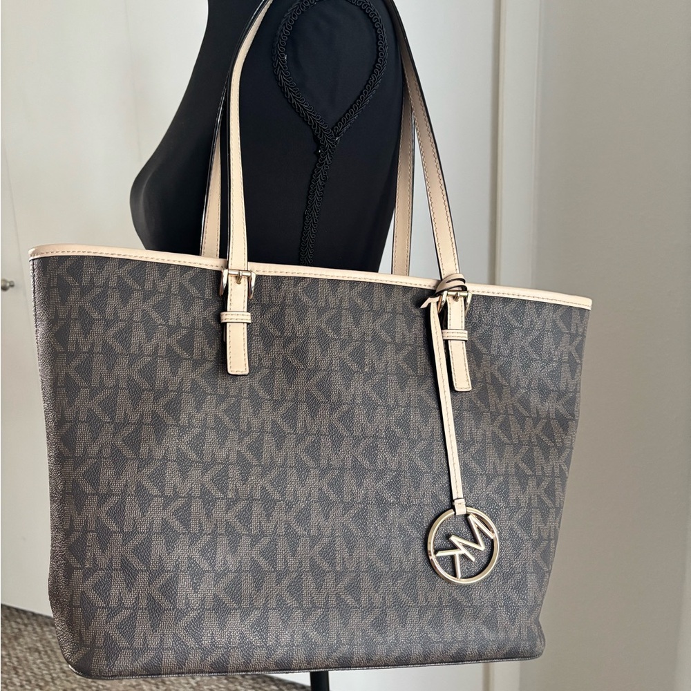 Michael Kors Brown MK Signature Tote with Cream Trim and Gold Charm